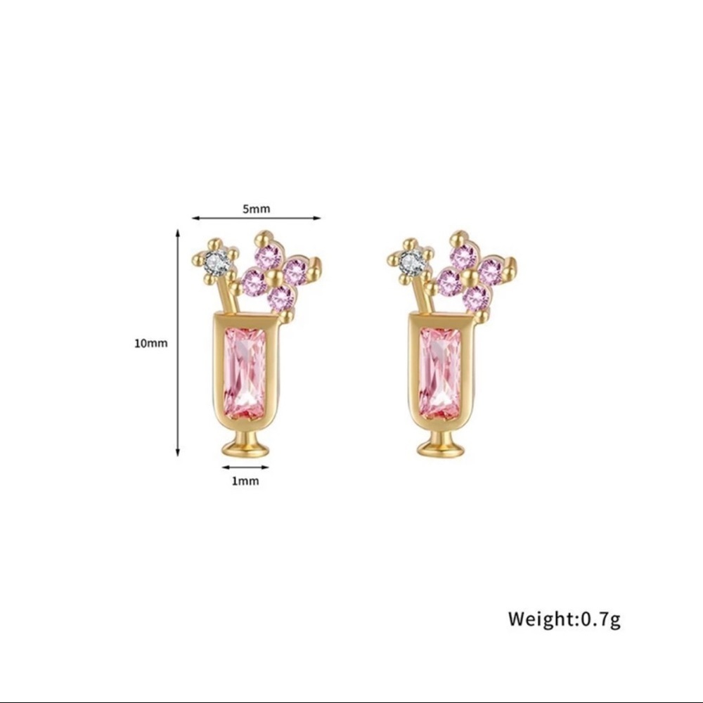 Pretty in Pink Cocktail Drink Crystal CZ Gold Tone Pierced Stud Earrings 2pc